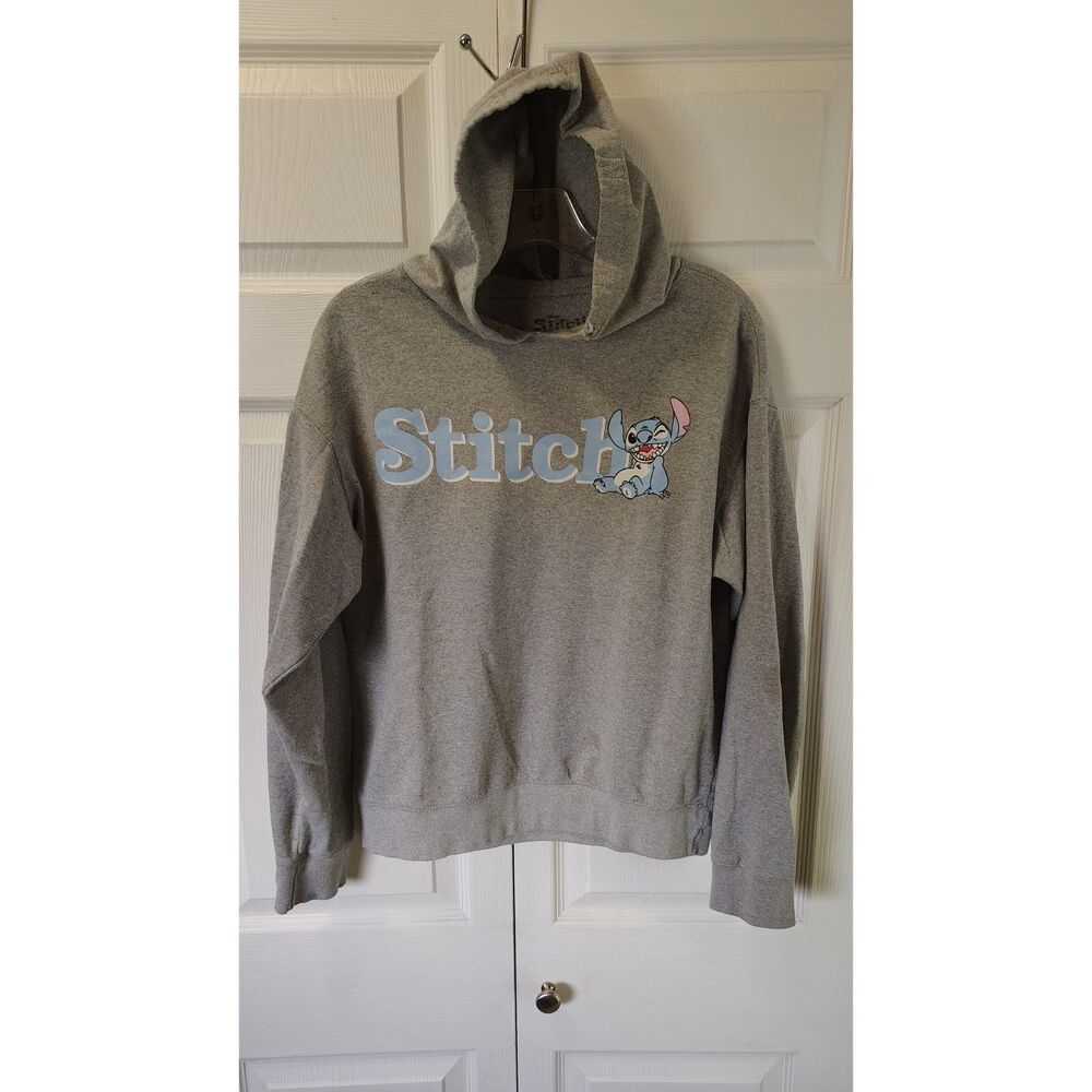 Disney Lilo & Stitch Grey Graphic Hoodie Size Large Cropped Pullover Sweatshirt